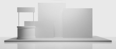 3d kabin kios illüstrasyon canlandırma, Sergi podyumu stand olay sahnesi bir ekran tasarımı, beyaz arka planda perakende ürün ticaret gösterisi