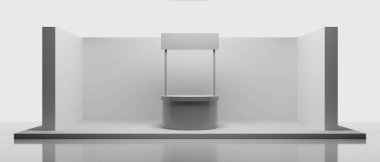 3d kabin kios illüstrasyon canlandırma, Sergi podyumu stand olay sahnesi bir ekran tasarımı, beyaz arka planda perakende ürün ticaret gösterisi