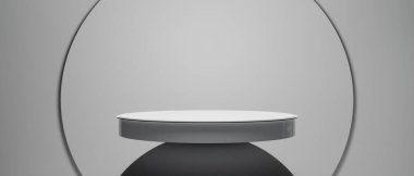 3d kabin kios illüstrasyon canlandırma, Sergi podyumu stand olay sahnesi bir ekran tasarımı, beyaz arka planda perakende ürün ticaret gösterisi