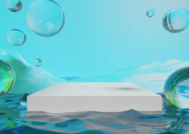 Retro-gelecekteki y2k 2000 'ler meyveli aero aqua web 2.0 parlatıcısı sahne podyumu ürün gösterisi için, 3d illüstrasyon soyut arkaplan çizimi