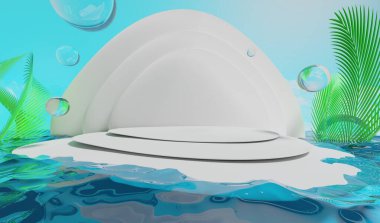 Retro-gelecekteki y2k 2000 'ler meyveli aero aqua web 2.0 parlatıcısı sahne podyumu ürün gösterisi için, 3d illüstrasyon soyut arkaplan çizimi