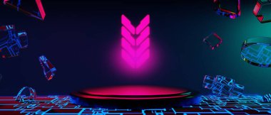 Y2k 2000 'lerin oyun teknolojisinin 3d çizimi fütüristik fantezi metatik siber punk bilim kurgu podyum soyut arkaplan görüntüsü