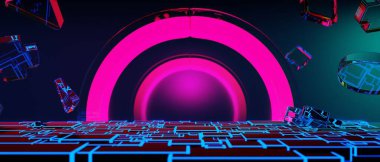 Y2k 2000 'lerin oyun teknolojisinin 3d çizimi fütüristik fantezi metatik siber punk bilim kurgu podyum soyut arkaplan görüntüsü