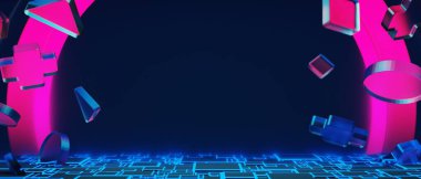 Y2k 2000 'lerin oyun teknolojisinin 3d çizimi fütüristik fantezi metatik siber punk bilim kurgu podyum soyut arkaplan görüntüsü