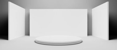 3d büfe resimleme, Sergi podyumu stand olay sahnesi bir ekran tasarımı, beyaz arka planda perakende ürün ticaret gösterisi modelleme sahne