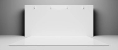 3d büfe resimleme, Sergi podyumu stand olay sahnesi bir ekran tasarımı, beyaz arka planda perakende ürün ticaret gösterisi modelleme sahne