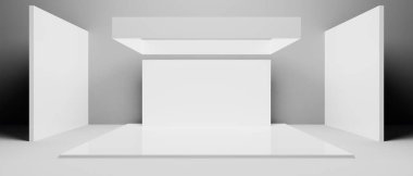 3d büfe resimleme, Sergi podyumu stand olay sahnesi bir ekran tasarımı, beyaz arka planda perakende ürün ticaret gösterisi modelleme sahne