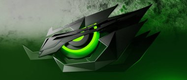 Oyun konsepti için fütüristik fantezi siber-punk bilim-kurgu arka planında dev robot gözü oluşturan 3D illüstrasyon