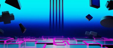 Y2k 2000 'lerin oyun teknolojisinin 3d çizimi fütüristik fantezi metatik siber punk bilim kurgu podyum soyut arkaplan görüntüsü