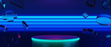 Y2k 2000 'lerin oyun teknolojisinin 3d çizimi fütüristik fantezi metatik siber punk bilim kurgu podyum soyut arkaplan görüntüsü