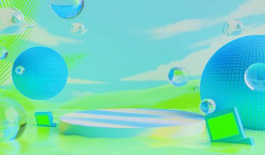 Retro-gelecekteki y2k 2000 'ler meyveli su web 2.0 parlatıcısı ürün gösterimi için sahne podyumu, soyut arkaplan, teknoloji ve doğa kavramını gösteren 3D illüstrasyon