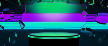 Y2k 2000 'lerin oyun teknolojisinin 3d çizimi fütüristik fantezi metazik siber punk bilim kurgu podyum soyut neon-parıltılı arka plan görüntüsü