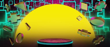 Y2k 2000 'lerin oyun teknolojisinin 3d çizimi fütüristik fantezi metazik siber punk bilim kurgu podyum soyut neon-parıltılı arka plan görüntüsü