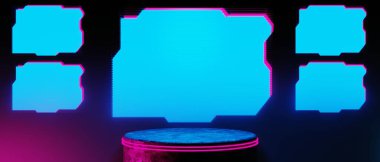 Y2k 2000 'lerin oyun teknolojisinin 3d çizimi fütüristik fantezi metazik siber punk bilim kurgu podyum soyut neon-parıltılı arka plan görüntüsü