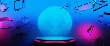 Y2k 2000 'lerin oyun teknolojisinin 3d çizimi fütüristik fantezi metazik siber punk bilim kurgu podyum soyut neon-parıltılı arka plan görüntüsü