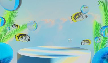 Retro-gelecekteki y2k 2000 'ler meyveli su web 2.0 parlatıcısı ürün gösterimi için sahne podyumu, soyut arkaplan, teknoloji ve doğa kavramını gösteren 3D illüstrasyon