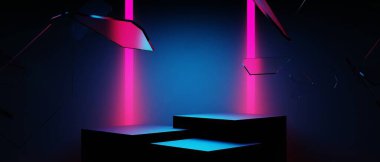 Y2k 2000 'lerin oyun teknolojisinin 3d çizimi fütüristik fantezi metazik siber punk bilim kurgu podyum soyut neon-parıltılı arka plan görüntüsü