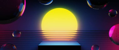 Y2k 2000 'lerin oyun teknolojisinin 3d çizimi fütüristik fantezi metazik siber punk bilim kurgu podyum soyut neon-parıltılı arka plan görüntüsü