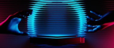 Y2k 2000 'lerin oyun teknolojisinin 3d çizimi fütüristik fantezi metazik siber punk bilim kurgu podyum soyut neon-parıltılı arka plan görüntüsü