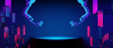 Y2k 2000 'lerin oyun teknolojisinin 3d çizimi fütüristik fantezi metazik siber punk bilim kurgu podyum soyut neon-parıltılı arka plan görüntüsü