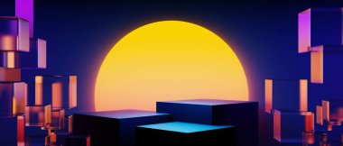 Y2k 2000 'lerin oyun teknolojisinin 3d çizimi fütüristik fantezi metazik siber punk bilim kurgu podyum soyut neon-parıltılı arka plan görüntüsü