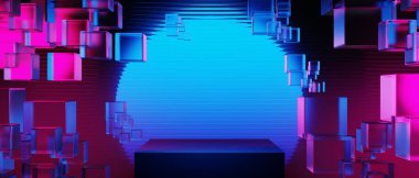 Y2k 2000 'lerin oyun teknolojisinin 3d çizimi fütüristik fantezi metazik siber punk bilim kurgu podyum soyut neon-parıltılı arka plan görüntüsü