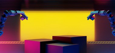 Çerçeve sınırına sahip teknoloji bilimkurgu robot endüstriyel kolu siber punk oyun ürünleri sergi arka planı için pankart, 3D illüstrasyon