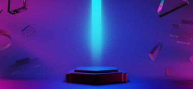 Y2k 2000 'lerin oyun teknolojisinin 3d çizimi fütüristik fantezi metazik siber punk bilim kurgu podyum soyut neon-parıltılı arka plan görüntüsü