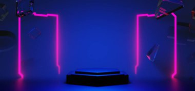 Y2k 2000 'lerin oyun teknolojisinin 3d çizimi fütüristik fantezi metazik siber punk bilim kurgu podyum soyut neon-parıltılı arka plan görüntüsü