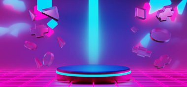 Y2k 2000 'lerin oyun teknolojisinin 3d çizimi fütüristik fantezi metazik siber punk bilim kurgu podyum soyut neon-parıltılı arka plan görüntüsü