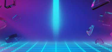 Y2k 2000 'lerin oyun teknolojisinin 3d çizimi fütüristik fantezi metazik siber punk bilim kurgu podyum soyut neon-parıltılı arka plan görüntüsü