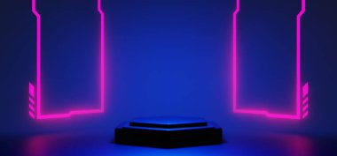 Y2k 2000 'lerin oyun teknolojisinin 3d çizimi fütüristik fantezi metazik siber punk bilim kurgu podyum soyut neon-parıltılı arka plan görüntüsü