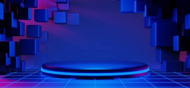 Y2k 2000 'lerin oyun teknolojisinin 3d çizimi fütüristik fantezi metazik siber punk bilim kurgu podyum soyut neon-parıltılı arka plan görüntüsü