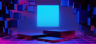 Y2k 2000 'lerin oyun teknolojisinin 3d çizimi fütüristik fantezi metazik siber punk bilim kurgu podyum soyut neon-parıltılı arka plan görüntüsü