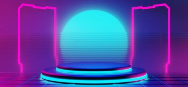 Y2k 2000 'lerin oyun teknolojisinin 3d çizimi fütüristik fantezi metazik siber punk bilim kurgu podyum soyut neon-parıltılı arka plan görüntüsü