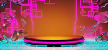 Y2k 2000 'lerin oyun teknolojisinin 3d çizimi fütüristik fantezi metazik siber punk bilim kurgu podyum soyut neon-parıltılı arka plan görüntüsü