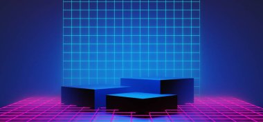 Y2k 2000 'lerin oyun teknolojisinin 3d çizimi fütüristik fantezi metazik siber punk bilim kurgu podyum soyut neon-parıltılı arka plan görüntüsü