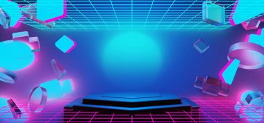 Y2k 2000 'lerin oyun teknolojisinin 3d çizimi fütüristik fantezi metazik siber punk bilim kurgu podyum soyut neon-parıltılı arka plan görüntüsü