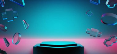 Y2k 2000 'lerin oyun teknolojisinin 3d çizimi fütüristik fantezi metazik siber punk bilim kurgu podyum soyut neon-parıltılı arka plan görüntüsü