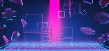 Y2k 2000 'lerin oyun teknolojisinin 3d çizimi fütüristik fantezi metazik siber punk bilim kurgu podyum soyut neon-parıltılı arka plan görüntüsü