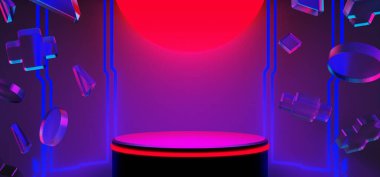 Y2k 2000 'lerin oyun teknolojisinin 3d çizimi fütüristik fantezi metazik siber punk bilim kurgu podyum soyut neon-parıltılı arka plan görüntüsü