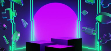 Y2k 2000 'lerin oyun teknolojisinin 3d çizimi fütüristik fantezi metazik siber punk bilim kurgu podyum soyut neon-parıltılı arka plan görüntüsü