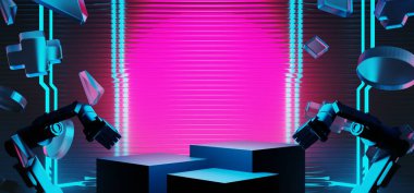 Y2k 2000 'lerin oyun teknolojisinin 3d çizimi fütüristik fantezi metazik siber punk bilim kurgu podyum soyut neon-parıltılı arka plan görüntüsü