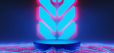 Y2k 2000 'lerin oyun teknolojisinin 3d çizimi fütüristik fantezi metazik siber punk bilim kurgu podyum soyut neon-parıltılı arka plan görüntüsü