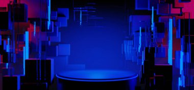 Y2k 2000 'lerin oyun teknolojisinin 3d çizimi fütüristik fantezi metazik siber punk bilim kurgu podyum soyut neon-parıltılı arka plan görüntüsü