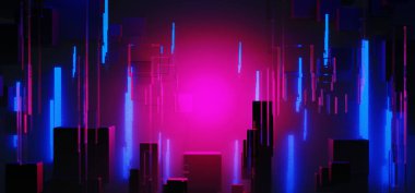 Y2k 2000 'lerin oyun teknolojisinin 3d çizimi fütüristik fantezi metazik siber punk bilim kurgu podyum soyut neon-parıltılı arka plan görüntüsü