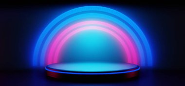 Y2k 2000 'lerin oyun teknolojisinin 3d çizimi fütüristik fantezi metazik siber punk bilim kurgu podyum soyut neon-parıltılı arka plan görüntüsü