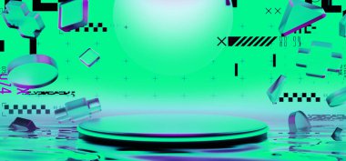 Y2K 2000 'lerin oyun teknolojisinin 3D çizimi fütüristik fantezi metazik siber punk bilim kurgu podyum kaidesi sahne soyut arka planı neon-parıltısı