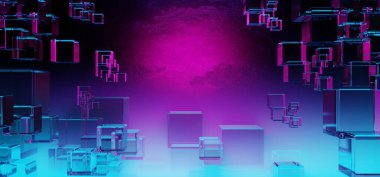 Y2K 2000 'lerin oyun teknolojisinin 3D çizimi fütüristik fantezi metazik siber punk bilim kurgu podyum kaidesi sahne soyut arka planı neon-parıltısı