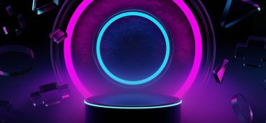 Y2K 2000 'lerin oyun teknolojisinin 3D çizimi fütüristik fantezi metazik siber punk bilim kurgu podyum kaidesi sahne soyut arka planı neon-parıltısı